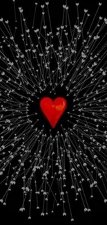 Red heart with white arrows on black background wallpaper.