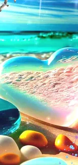 Vibrant heart-shaped crystal on colorful beach with ocean backdrop.