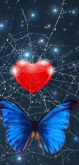 Heart and butterfly on cosmic web phone wallpaper.