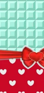 Teal geometric background with red bow and white heart pattern.