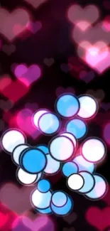 Mobile wallpaper with pink hearts and blue bubbles.