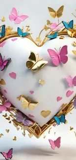 Heart surrounded by colorful butterflies and small hearts.