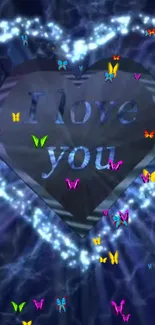 Heart-shaped 'I love you' with butterflies on a blue background wallpaper.