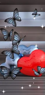 Red heart with butterflies mobile wallpaper.