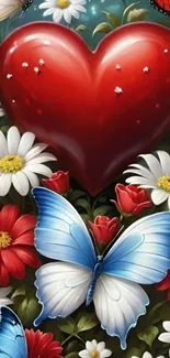 Heart surrounded by butterflies and flowers wallpaper.