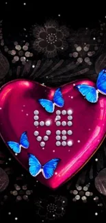 Pink heart with blue butterflies on black floral background.