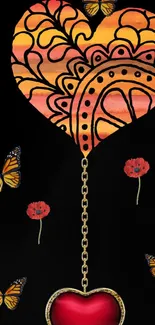 Artistic wallpaper with a mandala heart, butterflies, and poppies on a black background.