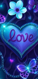Blue heart surrounded by butterflies and flowers in a magical setting.
