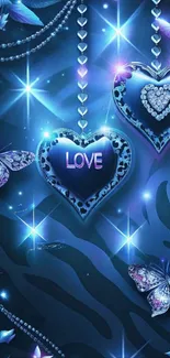 Glowing blue hearts and butterflies wallpaper.