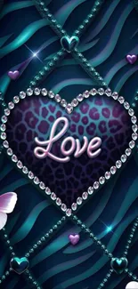 Jeweled heart with love on a butterfly-patterned background.