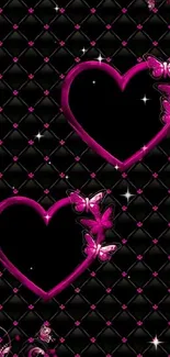 Mobile wallpaper with pink hearts and butterflies on a black background.