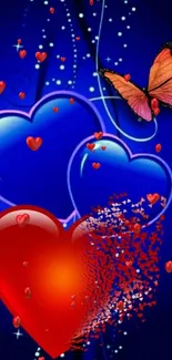 Vibrant wallpaper with glowing hearts and a butterfly.