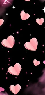 Pink hearts and butterflies on a dark background wallpaper.