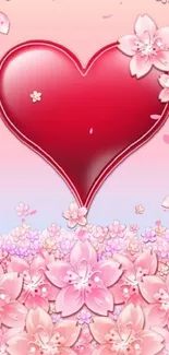 Red heart and cherry blossoms mobile wallpaper.