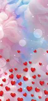 Mobile wallpaper with pastel clouds and red hearts.