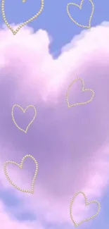 Dreamy wallpaper with heart-shaped purple clouds on blue sky.