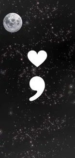 Heart and comma over starry galaxy with moon on black wallpaper.