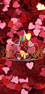 Crown placed on a sea of colorful heart shapes.