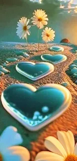 Heart-shaped stones with daisies on a sunset path.