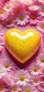 Yellow heart surrounded by pink and white daisies on a vibrant background.