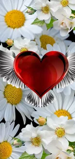 Red heart with wings on a daisy flower backdrop.