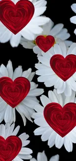 Mobile wallpaper with red hearts and white daisies on black background.