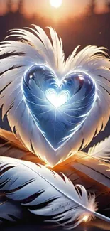 Radiant heart nestled in glowing feathers mobile wallpaper.