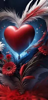 Heart-shaped art with feathers and flowers on a mobile wallpaper.