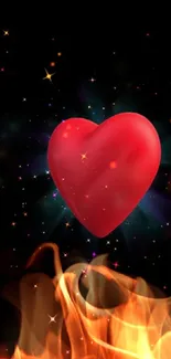 Red heart with fire on a starry black background.