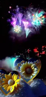 Heart with sunflowers and fireworks mobile wallpaper.