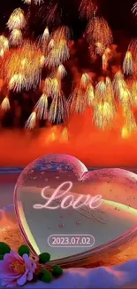 Heart-shaped glass with fireworks in background.