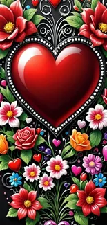 Colorful heart and floral art wallpaper with vibrant flowers.