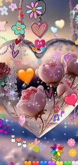 Heart-shaped decoration with roses and colorful graphics.