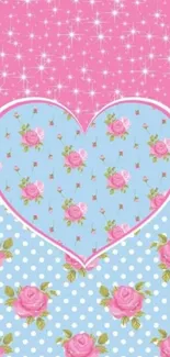 Pastel floral heart wallpaper with pink and blue design.