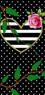 Chic striped heart with floral design on polka dot wallpaper.