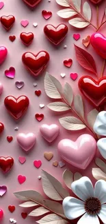 A romantic wallpaper with hearts and floral design in pink and red tones.