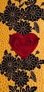 Red heart and black floral design on a golden background wallpaper.