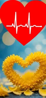 Heart-shaped flower with red heart overlay.