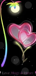 Glowing hearts and flower neon wallpaper with black background.