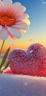 Colorful wallpaper with a daisy and snow-covered heart at sunrise.