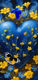 Blue heart with yellow flowers and butterflies wallpaper.