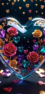 Heart-shaped design with colorful roses and vibrant hearts.