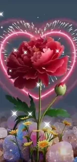 Red flower with glowing heart background mobile wallpaper.