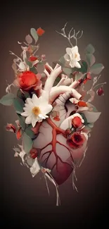 Artistic heart with floral decorations in a dark background.