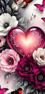 Heart surrounded by flowers and butterflies mobile wallpaper