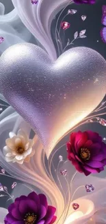 Silver heart with flowers and butterflies in fantasy art.