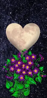 Heart-shaped moon with flowers in a starry galaxy backdrop wallpaper.