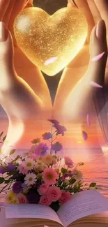 Hands holding a glowing heart over flowers and sunset ocean.