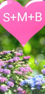 Colorful wallpaper with pink heart, hydrangeas, and butterflies.