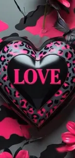 Heart-shaped love balloon with flowers and pink butterfly.